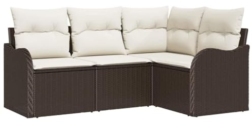vidaXL Garten-Sofa-Set mit Kissen mit Speicher 4 pcs Braun Poly Rattan, Garten und Terrasse, modulares Outdoor-Sofa-Set, robuster Rattansessel, verstellbare Füße, modernes wetterfestes Mobiliar
