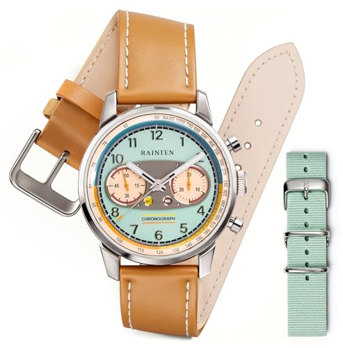 RAINTEN R9031B Chronograph Watch, 40MM Manual-Wind Mechanical Watch with Sporty Double-Layer Dial, Genuine Leather Strap and Sapphire Crystal, Nylon Strap