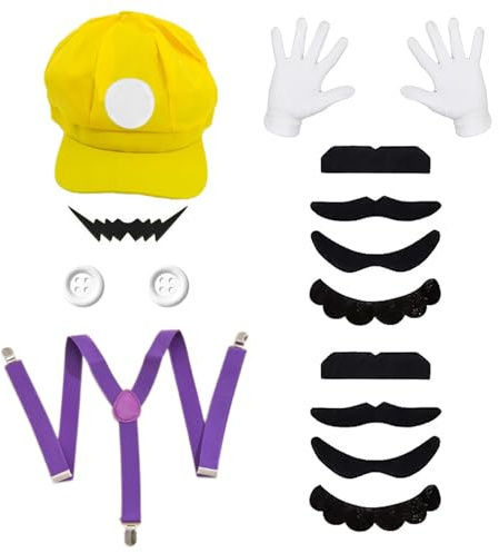 BEELUKY Super Bros Kostüm Mario & Luigi Hut Schnurrbart Handschuhe Knöpfe Hosenträger Komplettes Cosplay Zubehör Set für Fasching Halloween Karneval Mottoparty Geburtstag Damen Herren Kinder