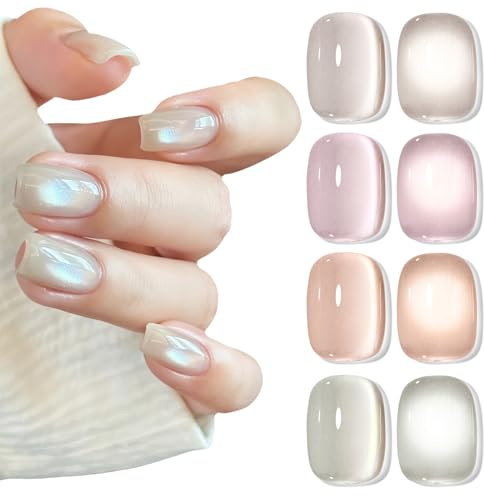 Biutee Esmalte en gel semipermanente Ojo de Gato - Color Nude Blanco Natural Purpurina Brillo Cat Magnético Eye Gel Polish Set con imán 4pcs
