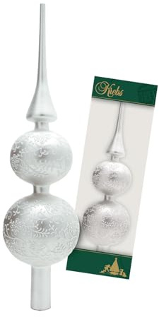 Krebs Glas Lauscha - Weihnachtsdekoration/Christbaumschmuck aus Glas - Dekor. Doppelspitze Satin mit weißer Glitzerdeko - Farbe: Silber - Größe: ca. 33 cm