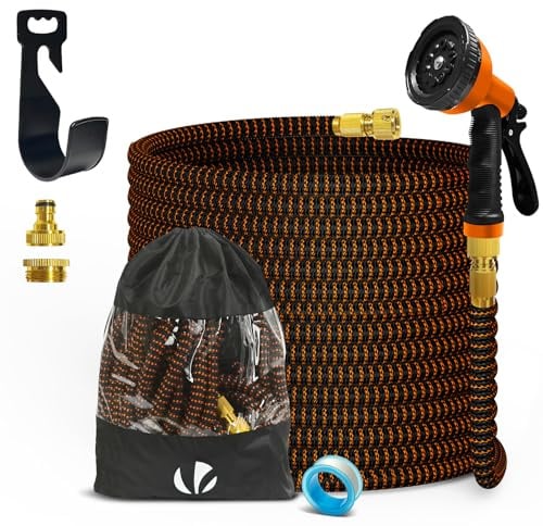 VOUNOT® Tubo Irrigazione Estensibile 15m, Tubo Flessibile da Giardino con Pistola a Spruzzo d'Acqua 10 Funzioni, Connettore in Ottone 1/2 e 3/4 e Gancio e Organizer Inclusi, Arancione