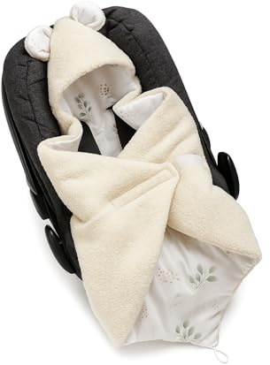 BABEES© 80x80 cm Einschlagdecke für Babyschale Boucle Autositz FRÜHLING ganzjährig wattiert Ganzjahresdecke, Universal mit Klettverschluss Übergangszeit 3-Punkt-Gurt Creme Beige