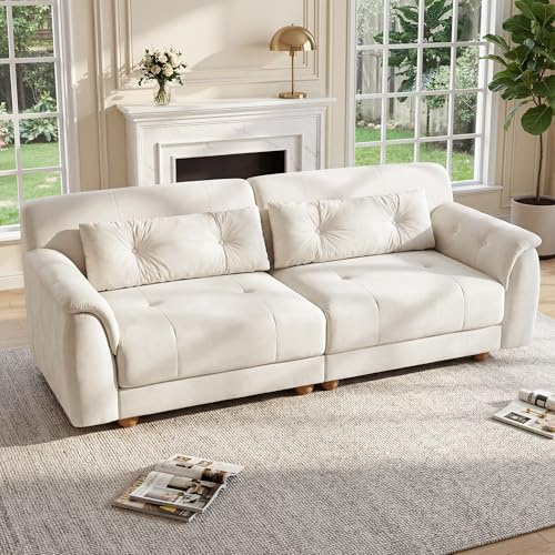 BonVache 2 Sitzer Sofa mit Knopfheftung, 3 Sitzer Samtsofa mit 2 Rückenkissen und kugelförmigen Massivholzbeinen, Bequemes Big Sofa mit 54 cm Sitztiefe, Couch für Wohnzimmer, Weiß