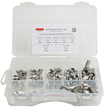 Sortiment Edelstahl A4 Flügelmuttern ähnlich DIN 315, M3 bis M12, 60 Teile, Material: V4A VA