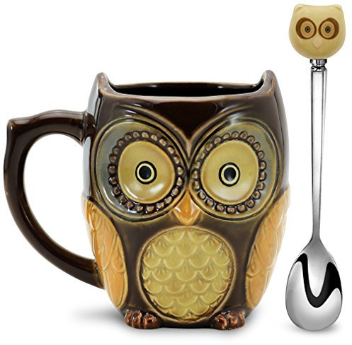 SQOWL 3D-Kaffeetasse, lustige süße Eule, Keramik-Tasse, Kaffeetasse mit Löffel, Teebecher-Set für Frauen und Mädchen, 340 ml, Braun