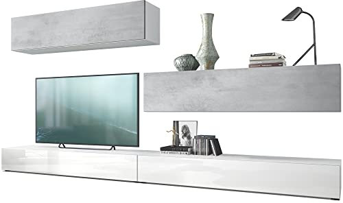 Vladon Wohnwand Nublo, Made in Germany, Anbauwand mit Rückwand mit 2 Klappen und 2 Sockelelementen, Korpus Weiß matt, Fronten Weiß Hochglanz und Beton Oxid Optik (280 x 147 x 39 cm)