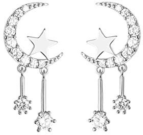 Reffeer Massive 925 Sterling Silber Halbmond Stern Ohrringe Ohrstecker für Frauen Teenager CZ Mond Ohrstecker Stern Quaste Ohrringe (A-Silver)