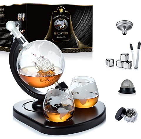 Carafe à Whisky, Ensemble de Carafes à Vin Globe avec 2 Verres, Billes de Nettoyage, 4 Glaçons en Acier Inoxydable et Pince Glace, Distributeur D'alcool pour Boissons - Ensemble-Cadeau pour Hommes