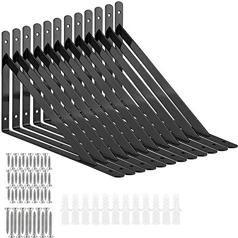 STARVAST 12 Pcs Heavy Duty Shelf Brackets, 250 x 160mm Floating Shelves Tripod Triangle Shelf Brackets, 90 Degree Angle Wall Mounted Shelf Supporter Bracket Frame, Black