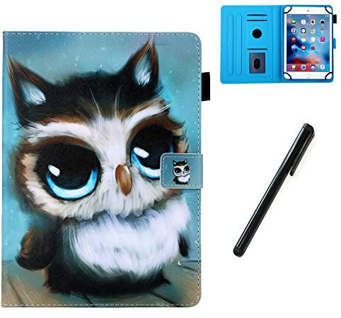 HereMore Universal Case for 8 Inch Tablet with Pen, Leather Stand Cover Protective Shell for Fire HD 8,Huawei MediaPad T3 8,Samsung Galaxy Tab A8, Acer Iconia One 8 B1-870,Lenovo Tab E8, Owl