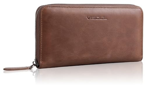 VISOUL Lange Geldbörse aus Leder mit Reißverschluss für Damen und Herren mit RFID-Blockierung, große Clutch, Bargeld, lange Geldbörse mit Reißverschluss, Braun, Large, Casual