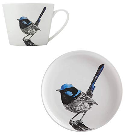 Dekomiro Maxwell & Williams Marini Ferlazzo Becher und Teller Fairy Wren Prachtstaffelschwanz aus Bone China Porzellan Spülmittel