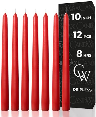 CANDWAX 25 cm Red Taper Candle Set of 12 - Unscented Smokeless Dripless Red Candlesticks - Perfect for Christmas Home Decor, Parties, Weddings, Dinner Table Centerpieces - Christmas Taper Candles