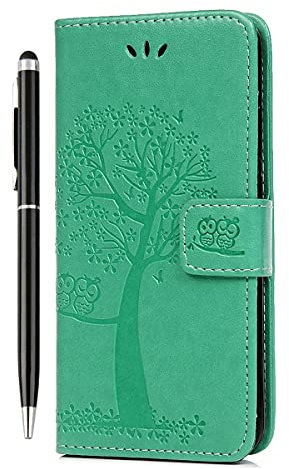 Reevermap Samsung Galaxy S21 FE Case 5G Flip Premium Wallet Phone Case Shockproof PU Leather Owl Tree Magnet Cover for Samsung Galaxy S21 FE 5G with Kickstand Card Holder & 1 Touch Pen, Green