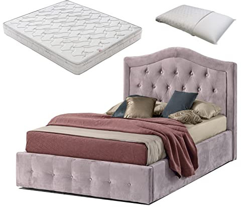 SARDAMATERASSI-Letto una piazza e mezza con box contenitore rosa antico designe + materasso piazza e mezza 120x190 memory foam+Guanciale memory saponetta