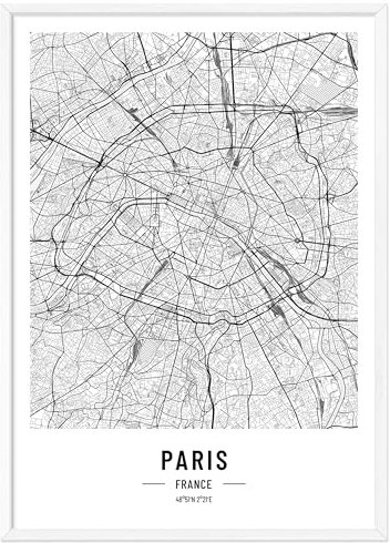 JUNOMI® Paris Poster DIN A2 mit Rahmen Weiß, DIN A2 Wohnzimmer Deko, Modernes Wandbild, Paris Bild, Wandbild mit Rahmen, Stadtplan Poster Paris, perfekte Geschenkidee für Pariser