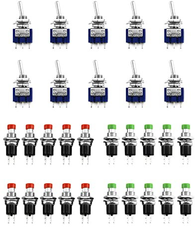 QWORK® Minischalter 30er-Set, 10 x Mini Kippschalter AC 125V 6A ON-ON 3 Pins 2 Position & 20 x Microschalter Taster 250V 1A 2 Pins für Instrumententafel Marinefahrzeuge