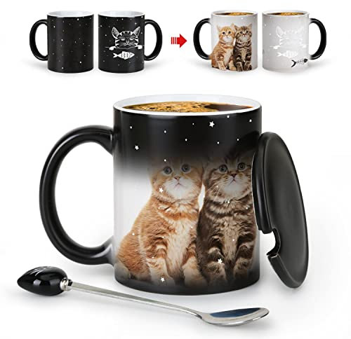 MUGKISS Tasse à café à changement de couleur de 325 ml – Le poisson est délicieux – Tasse à café en forme de chat avec couvercle noir et cuillère