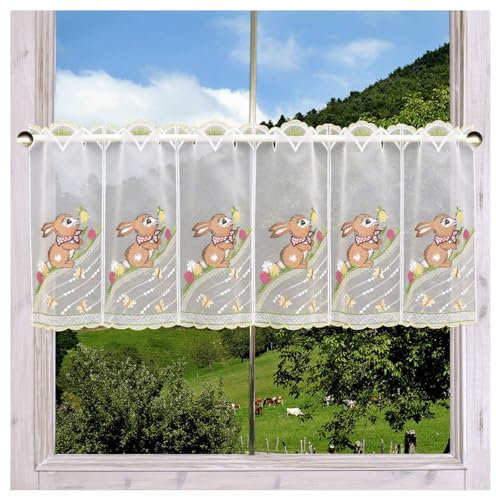 DSD Design-Studio Drechsler Hübsche bestickte Scheibengardine Osterhase mit Blumen Scheibenhänger aus Plauener Spitze 35 x 64 cm