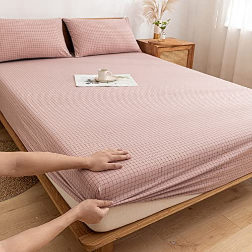Wasserbett Boxspringbett Spannbettlaken 120 * 200cm, einfarbiges Bettlaken aus gewaschener Baumwolle mit Kissenbezügen, Schutzabdeckung, Schlafzimmer, Wohnung für Männer und Frauen, rosa Plaid