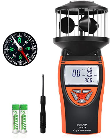 SURLABA Wind Cup Anemometro per Esterno, XF-878 Misuratore Velocità Vento Campo di Misura 0.7~42m/s con MAX/MIN/AVG Modalità & Temperatura Test, Portatile Wind Meter per Riprese, Drone, Windsurfing