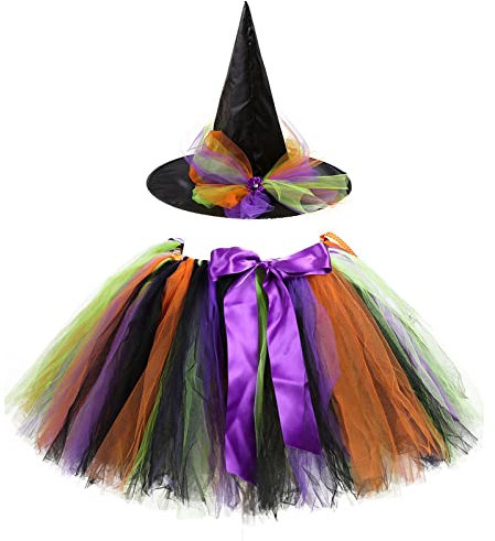 Oneshlee Costume Strega Bambina,Costume Stregatto Bambino,Vestito Carnevale Costumi Halloween Bambini,Costume Accessori Set Cappello Vestiti In Tulle Tutu Arcobaleno Per Festa Cosplay (Fiocco Viola)