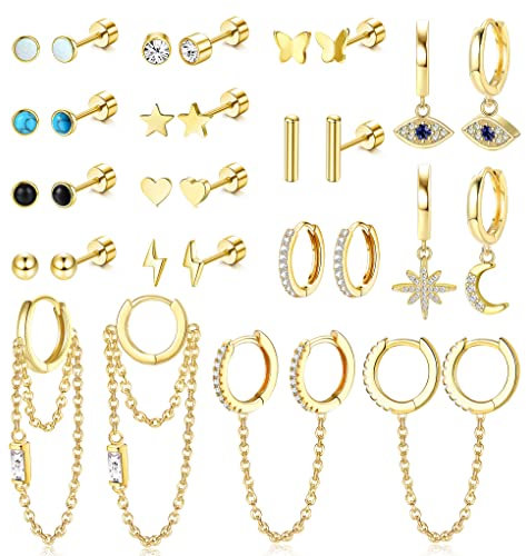 JeweBella 15Paar Kleine Ohrringe Set Damen Hypoallergen Medizinische Ohrstecker Creolen Hängende mit Kette Chirurgenstahl Knorpel Helix Piercing Ohrringe Set für Mehrere Ohrlöcher Frauen Gold/Silber