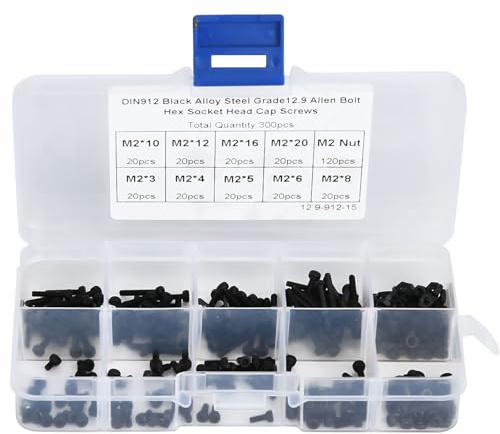 300 Stück M2 Innensechskantschrauben Set, Schwarz Legierter Stahl, Halbrundkopf mit Muttern und Unterlegscheiben, Vollgewinde Schraubensortiment mit Aufbewahrungsbox
