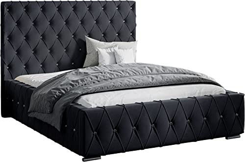 Polsterbett Doppelbett Stauraum Samtstoff 120x200 140x200 160x200 180x200 cm Bettgestell Mit Bettkasten Lattenrost und Kopfteil - Bett mit Kristallen - Hydrophobe Stoff - Schwarz - 120 x 200 cm