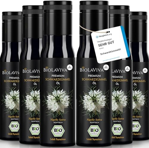 Premium BIO Schwarzkümmelöl – kaltgepresst & ungefiltert – hoher Thymochinongehalt - 100% Nigella sativa aus Ägypten – laborgeprüft & lichtgeschützt im Miron Violettglas (6x100 ml)