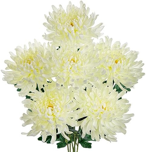 6'' Large Artificial Chrysanthemum Flowers with 25.6'' Long Stem, 6 pcs Cream Fake Silk Flowers Faux Spider Mums for Home Decor, Bridal, Wedding, Party, Floral Arrangement, Autumn Decorations