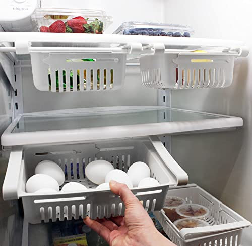 Fenzer Adjustable Drawer for Fridge Kitchen Organizer Adjustable Kitchen Refrigerator Storage Rack Fridge Freezer Shelf Holder Pull-Out Drawer Space 2 Color (White/Cream) (White)
