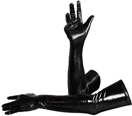 Sheface Herren und Damen 48,3 cm Glänzende Metallic Lange Handschuhe & Cocktail Party Cosplay Handschuhe 1980er Jahre Kostüm Party Wet Look Handschuhe, Schwarz, 48 cm