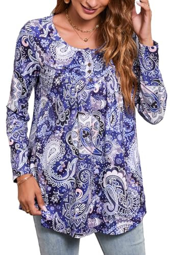 Enmain Tunica da Donna a Maniche Lunghe Taglie Forti a Tunica per Leggings Tunica da Donna con Scollo a V a Linea Lunga Maglietta Larga con Bottoni Camicetta da Donna con Stampa Floreale,L1-Viola,2XL
