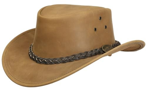 SCIPPIS Wigan Lederhut Westernhut Cowboyhut Rindslederhut Herren - mit Lederband Frühling-Sommer Herbst-Winter Frühjahr Sommer Herbst Winter - L (58-59 cm) Cognac