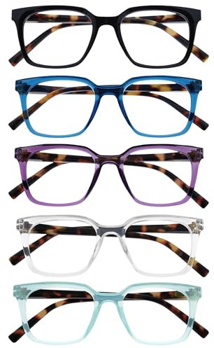 OPULIZE KOI Lesebrille 5er Pack - Rechteckige Fassung - Schwarz-Blau-Violett-Durchsichtig-Aqua - Damen Herren Unisex - Federscharniere - RRRRR50-135CQ - +1.50