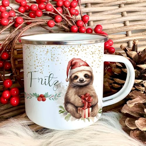 Kinder Emaille Tasse Weihnachten für Mädchen, Jungen, Teenager mit Namen Tiermotiv Weihnachtstasse I Personalisierte Geschenkidee Nikolaus Weihnachtsgeschenk Mitbringsel (Motiv Faultier)