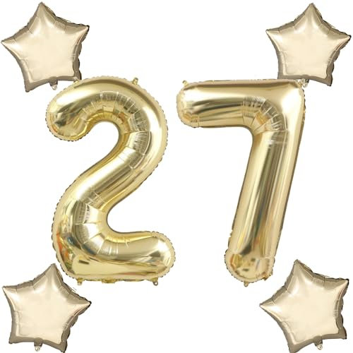 Blasses Gold Luftballons Zahl 27+4 pcs stern Folienballon Zahl 27 .Geburtstag frau mädchen,40 Riesenzahl Ballons 27 .geburtstagsdeko mann,Zahlenballon 27, Helium Ballons 27 Zahlen Luftballon