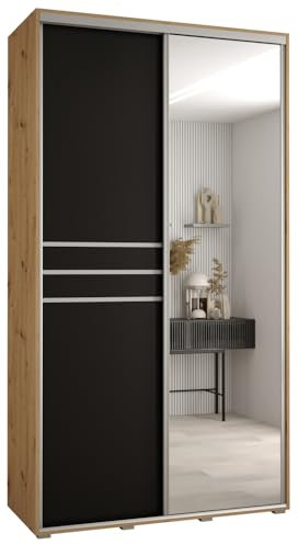 MEBLE KRYSPOL Davos 11 140 Schrank mit Zwei Schiebetüren für Schlafzimmer - Moderner Schrank mit Spiegel, Kleiderstange und Regalen - 235,2x140x60 cm - Artisan Schwarz Silber
