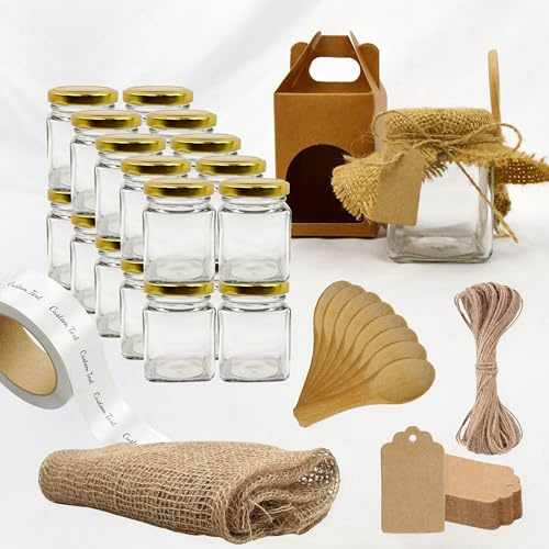 20x Pot en Verre Carré 150ml avec Couvercle + 20 Boîtes + 20 Cuillères en Bois + 20 Étiquettes Kraft + 20 Étiquettes Autocollants + Tissu et Ficelle de Jute - Épices, Confiture, Yaourt