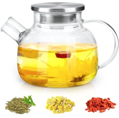 1L Teekanne Glas, Transparente Glasteekanne mit Siebeinsatz, Teekanne Glas 1 Liter mit Deckel, Klar, Hitzebeständig, mit Herausnehmbarem Filter, für Tee, Blumentee und Saft (1000ML)