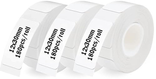 Thermo-Etikettenband, 12 x 30 mm Etiketten Papier, Etikettierpapier für Etikettendrucker, 7m wasserfeste Etiketten geeignet für Haus, Büro, Schule (Weiß, 540 Etiketten/3 Rolle)