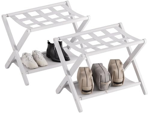 HITNET Porte Valise pour Chambre, Lot de 2, Repose Valise Hotel Pliable, Porte Bagage en Bambou, Baggage Stand avec étagère, Montage Facile, Blanc