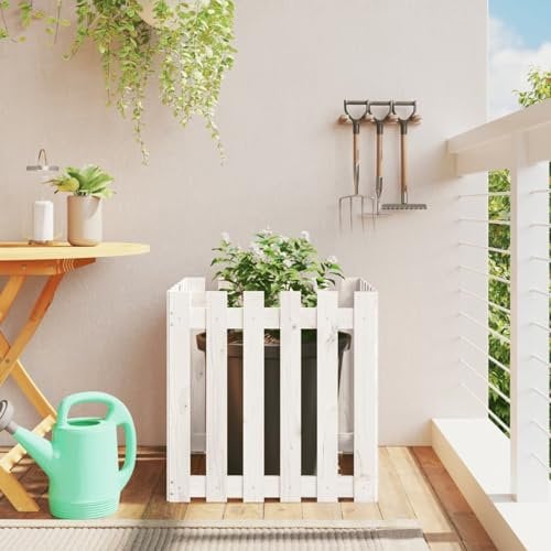 Mengtu Fioriera da giardino con design recinto, bianco, 60 x 60 x 60 cm, in legno di pino massiccio, fioriere da giardino in legno di pino, fioriere per fiori e piante, fioriera da esterno