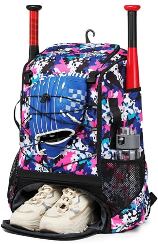 budiniao Catchers Tasche mit ultraleichten und verschleißfesten Schuhfächern und Nasstaschen. Baseballtaschen für Jungen von 8 bis 12 Jahren, Blumenfarbe