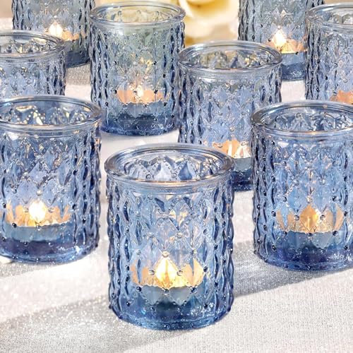 Lot de 12 bougeoirs votifs en verre bleu pour décoration de salon, mariage, cadeaux pour femme