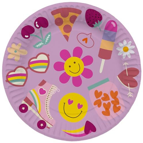 Folat 25031 Retro Hippie Teller-Boho Girlz-23 cm-8 Stück-Groovy Partyzubehör Gänseblümchen Blume Regenbogen Party Dekorationen, Pink
