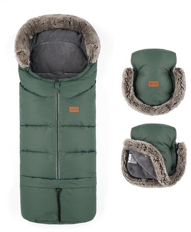 Petite&Mars Fußsack für Kinderwagen Fusak 4v1 Arctic * Winterfußsack für Kinderwagen, Buggy und Autositz * Warrm * Wasserdicht * Winddicht mit Handwärmer * Handschuhe (Veritable Khaki Set)