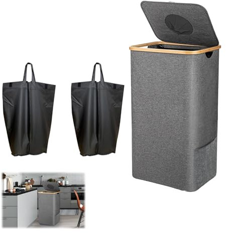 JXAXD Récipient de collecte de bouteilles consignées, 112 l, avec 2 sacs de rangement, collecteur de bouteilles, rangement avec couvercle et trou, pour cuisine et entrepôt, gris